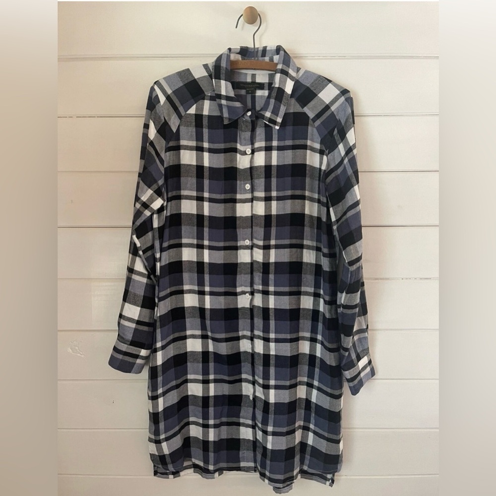 DONNA KARAN Sleepwear Women SMALL Nightgown Sleep Shirt Blue White Plaid Woven